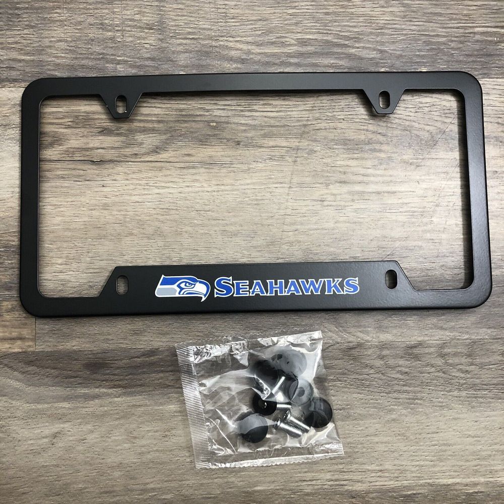 1Pc License Plate Frame Seattle Seahawks Metal Black Front Back Hardware Novelty